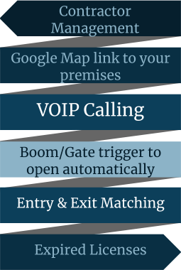 Contractor Management Google Map link to your premises  VOIP Calling  Boom/Gate trigger to open automatically  Entry & Exit Matching  Expired Licenses