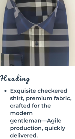 Heading •	Exquisite checkered shirt, premium fabric, crafted for the modern gentleman—Agile production, quickly delivered.